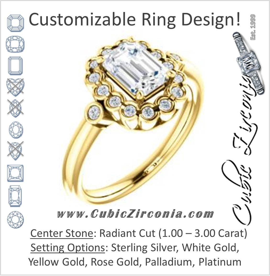 Cubic Zirconia Engagement Ring- The Raleigh (Customizable Radiant Cut Design with Clustered Halo and Round Bezel Accents)