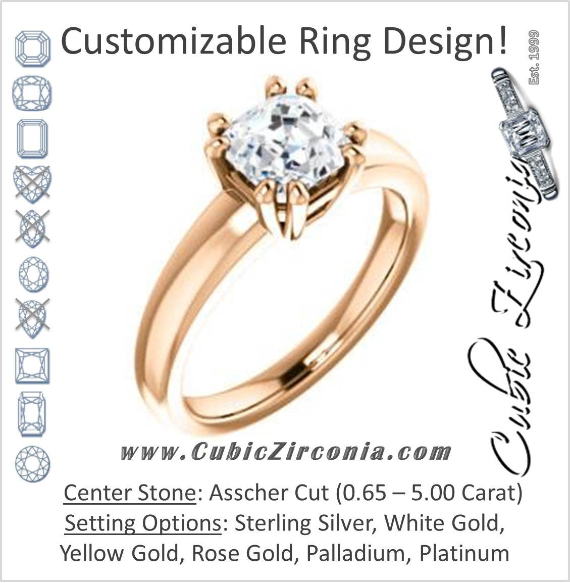 Cubic Zirconia Engagement Ring- The Reba (Customizable 8-pronged Asscher Cut Solitaire with Wide Band)