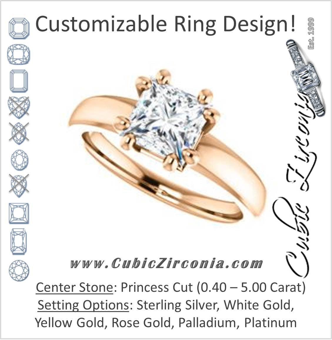 Cubic Zirconia Engagement Ring- The Reba (Customizable 8-pronged Princess Cut Solitaire with Wide Band)