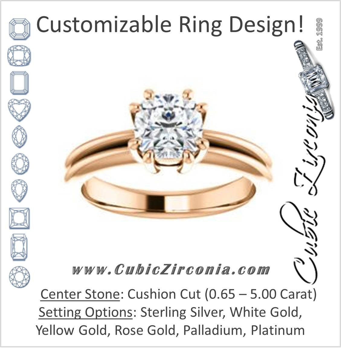 Cubic Zirconia Engagement Ring- The Reese (Customizable Cushion Cut Solitaire with Grooved Band)