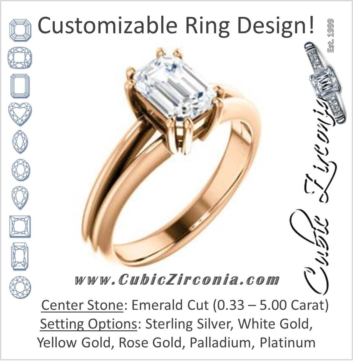 Cubic Zirconia Engagement Ring- The Reese (Customizable Emerald Cut Solitaire with Grooved Band)