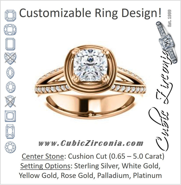 Cubic Zirconia Engagement Ring- The Reina (Customizable Ridged-Bevel Surrounded Cushion Cut with 3-sided Split-Pavé Band)