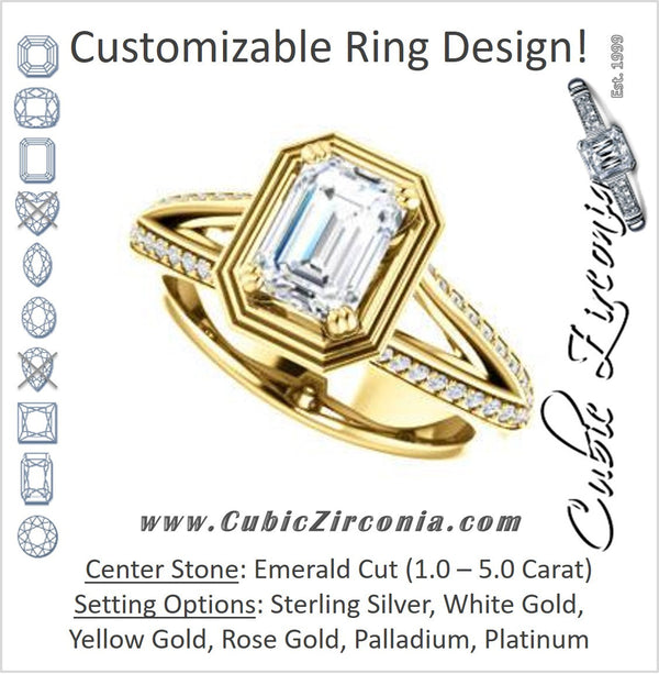 Cubic Zirconia Engagement Ring- The Reina (Customizable Ridged-Bevel Surrounded Emerald Cut with 3-sided Split-Pavé Band)