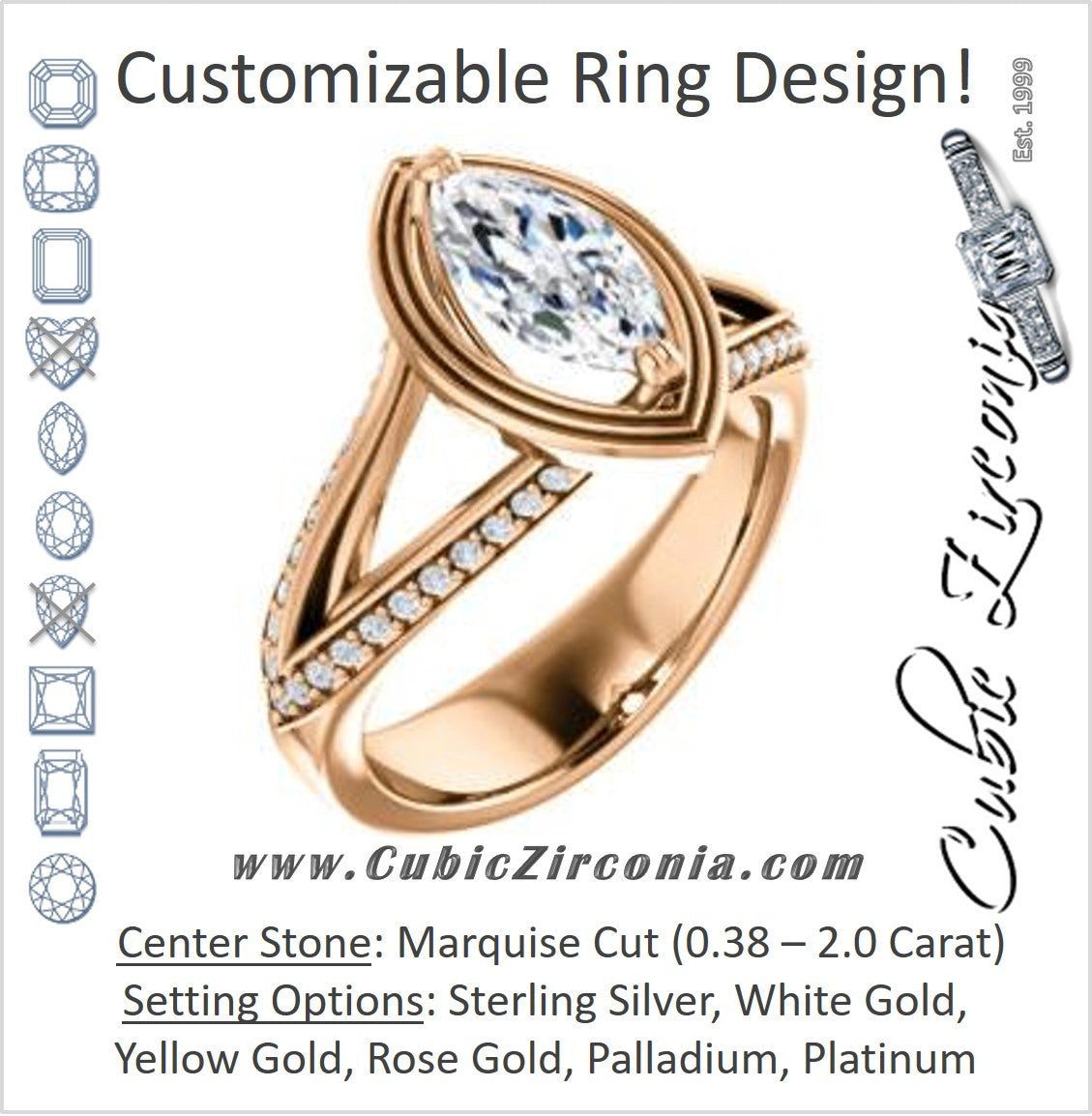 Cubic Zirconia Engagement Ring- The Reina (Customizable Ridged-Bevel Surrounded Marquise Cut with 3-sided Split-Pavé Band)