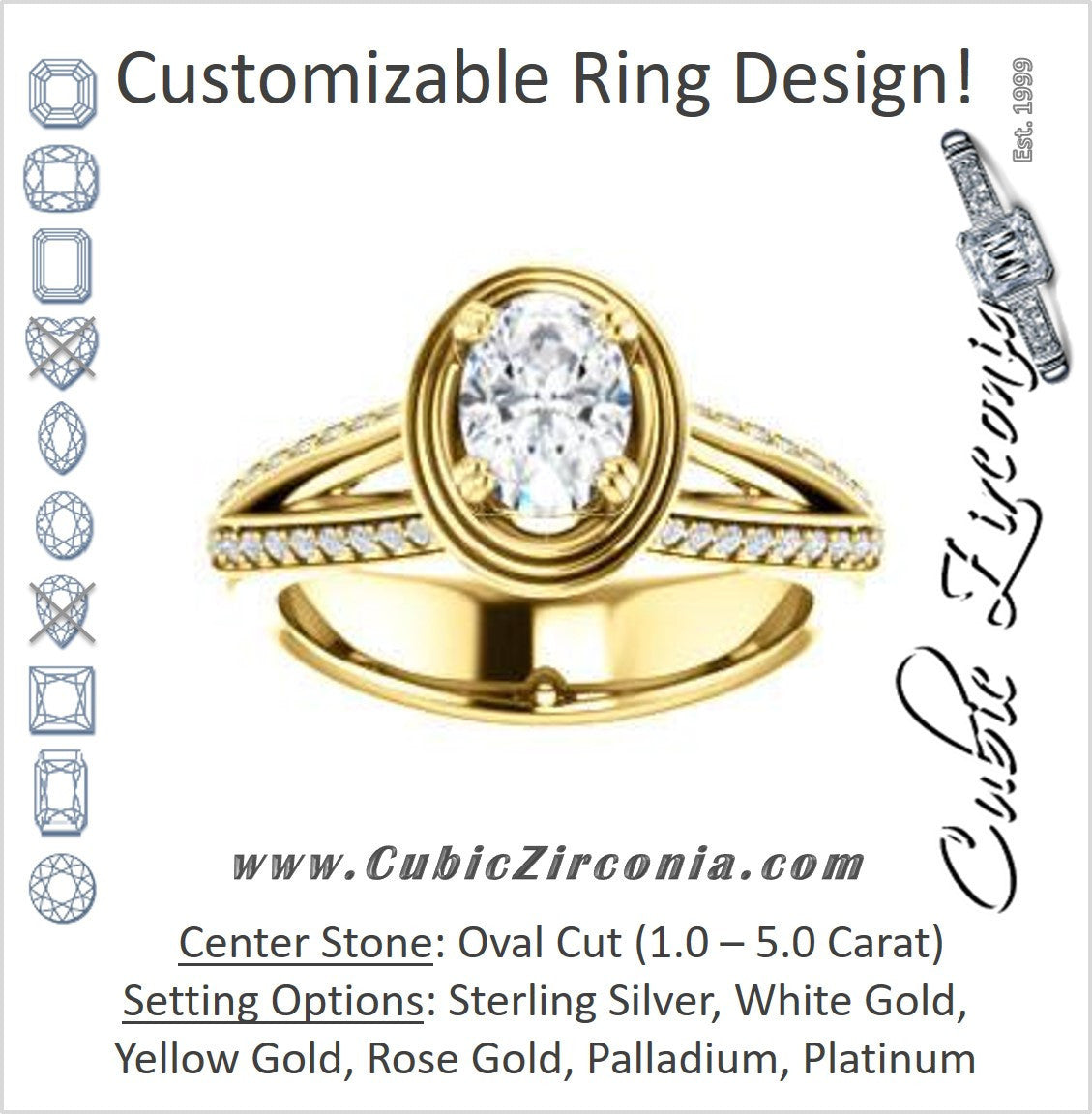 Cubic Zirconia Engagement Ring- The Reina (Customizable Ridged-Bevel Surrounded Oval Cut with 3-sided Split-Pavé Band)