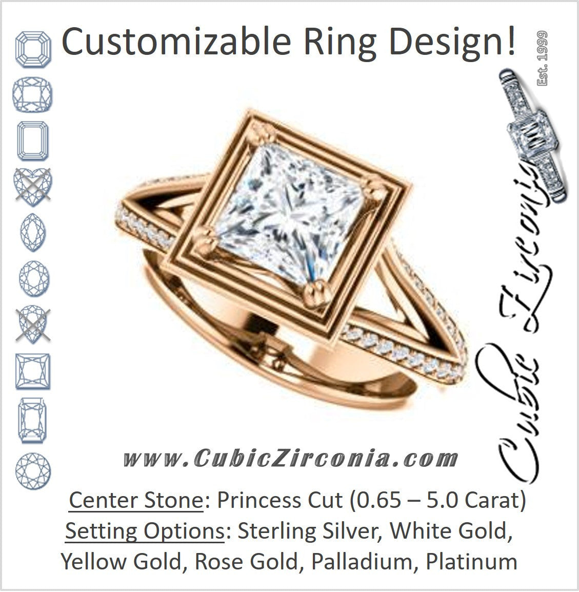 Cubic Zirconia Engagement Ring- The Reina (Customizable Ridged-Bevel Surrounded Princess Cut with 3-sided Split-Pavé Band)