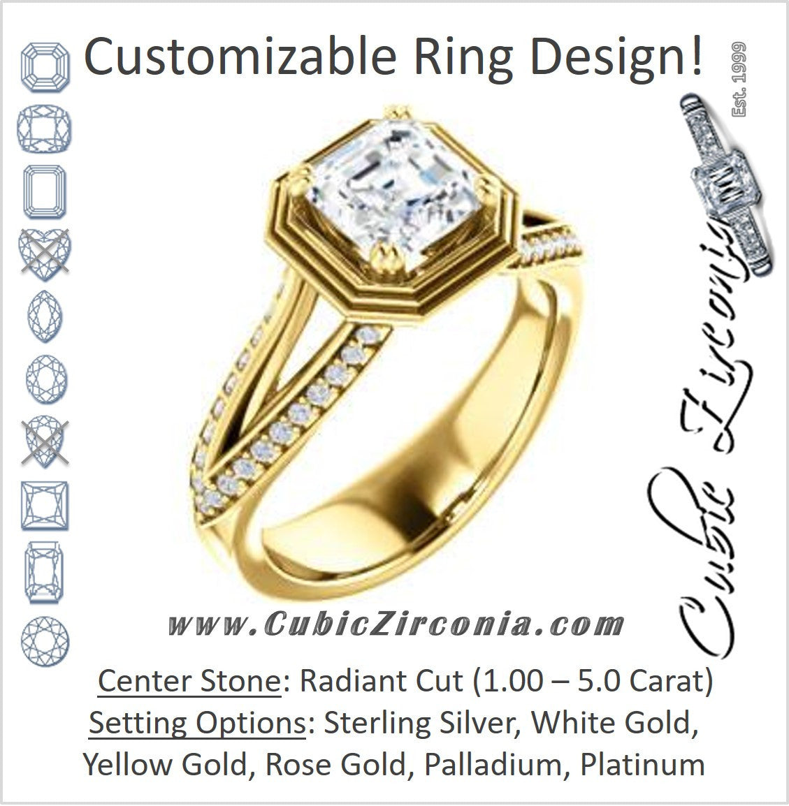 Cubic Zirconia Engagement Ring- The Reina (Customizable Ridged-Bevel Surrounded Radiant Cut with 3-sided Split-Pavé Band)