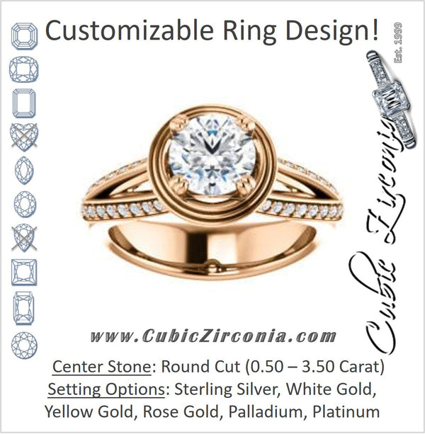 Cubic Zirconia Engagement Ring- The Reina (Customizable Ridged-Bevel Surrounded Round Cut with 3-sided Split-Pavé Band)