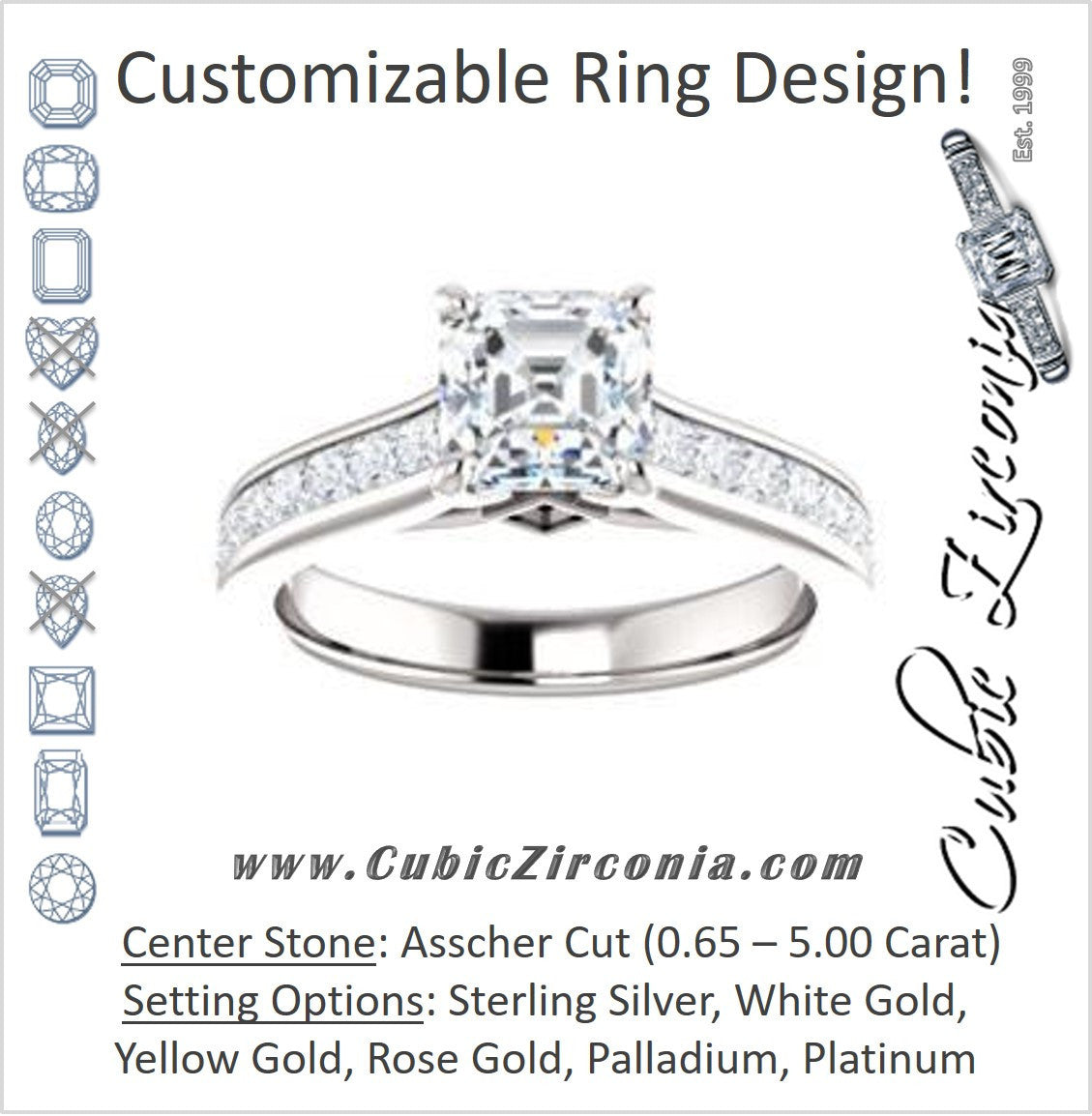 Cubic Zirconia Engagement Ring- The Rhea (Customizable Cathedral-raised Asscher Cut Design with Princess Channel Band and Kite-set Princess Peekaboo Accents)