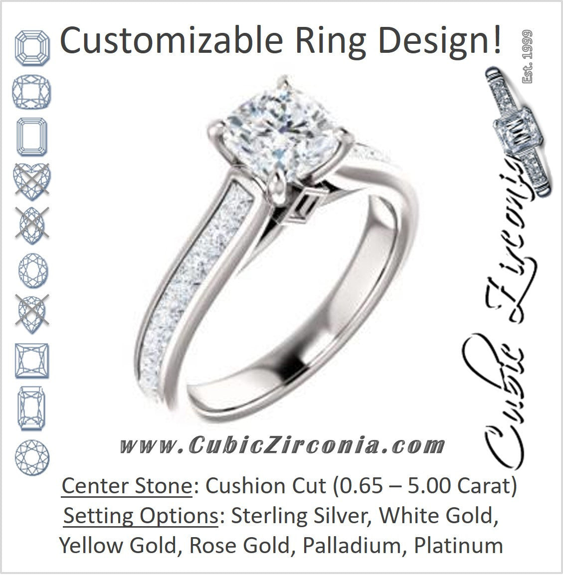 Cubic Zirconia Engagement Ring- The Rhea (Customizable Cathedral-raised Cushion Cut Design with Princess Channel Band and Kite-set Princess Peekaboo Accents)