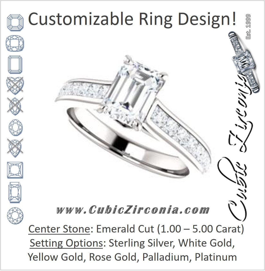 Cubic Zirconia Engagement Ring- The Rhea (Customizable Cathedral-raised Emerald Cut Design with Princess Channel Band and Kite-set Princess Peekaboo Accents)