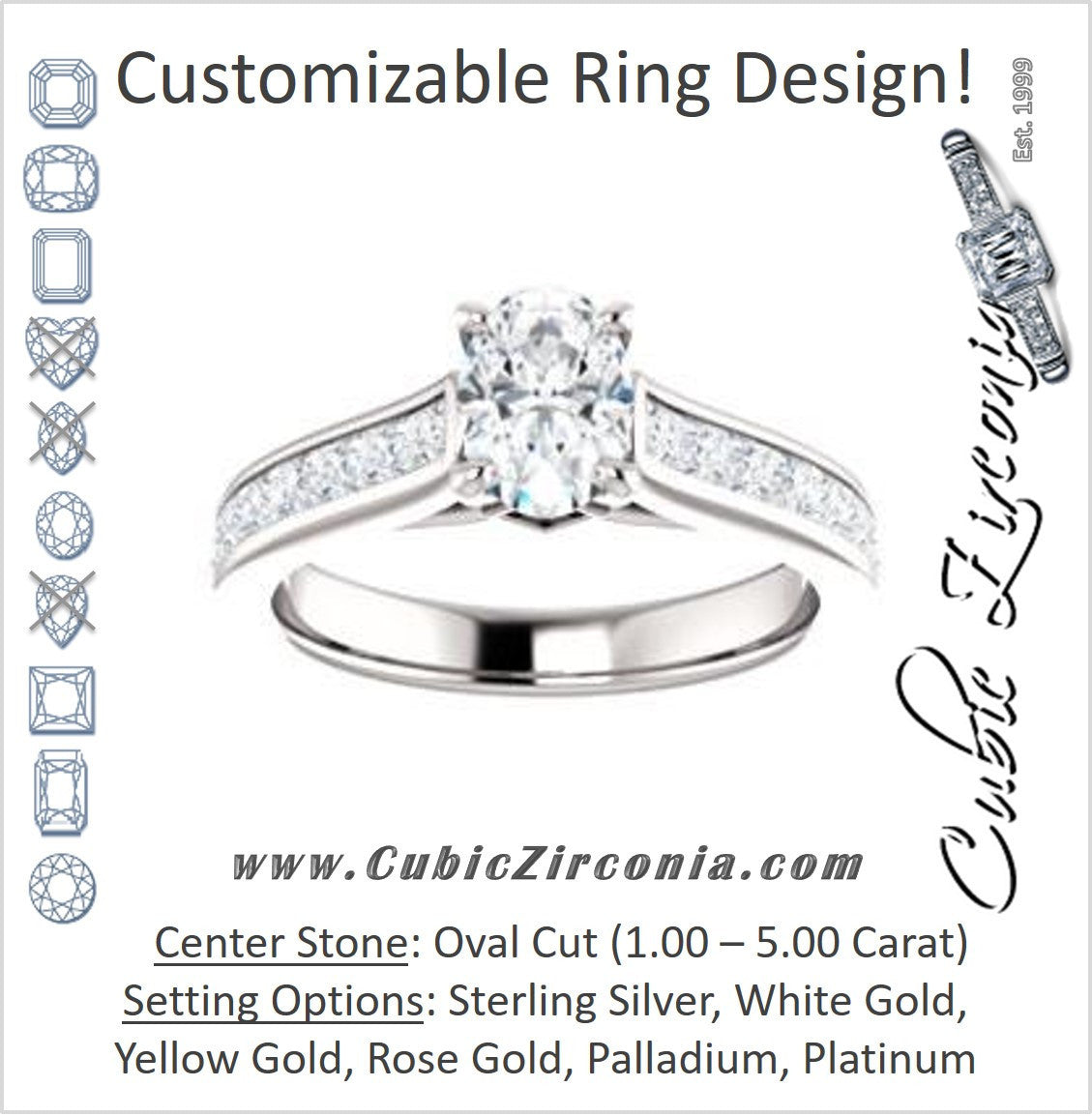 Cubic Zirconia Engagement Ring- The Rhea (Customizable Cathedral-raised Oval Cut Design with Princess Channel Band and Kite-set Princess Peekaboo Accents)