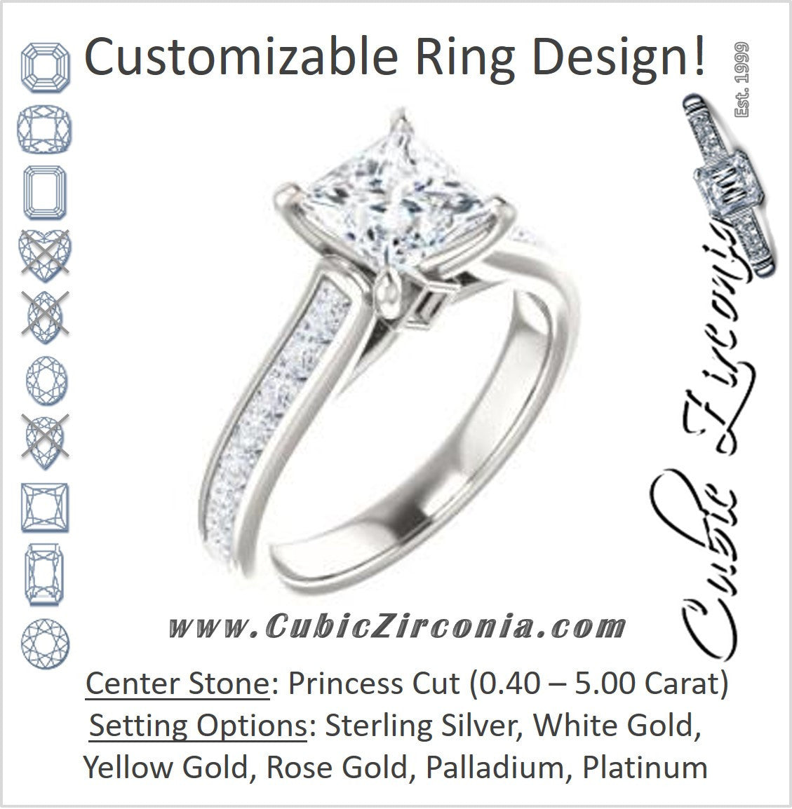 Cubic Zirconia Engagement Ring- The Rhea (Customizable Cathedral-raised Princess Cut Design with Princess Channel Band and Kite-set Princess Peekaboo Accents)