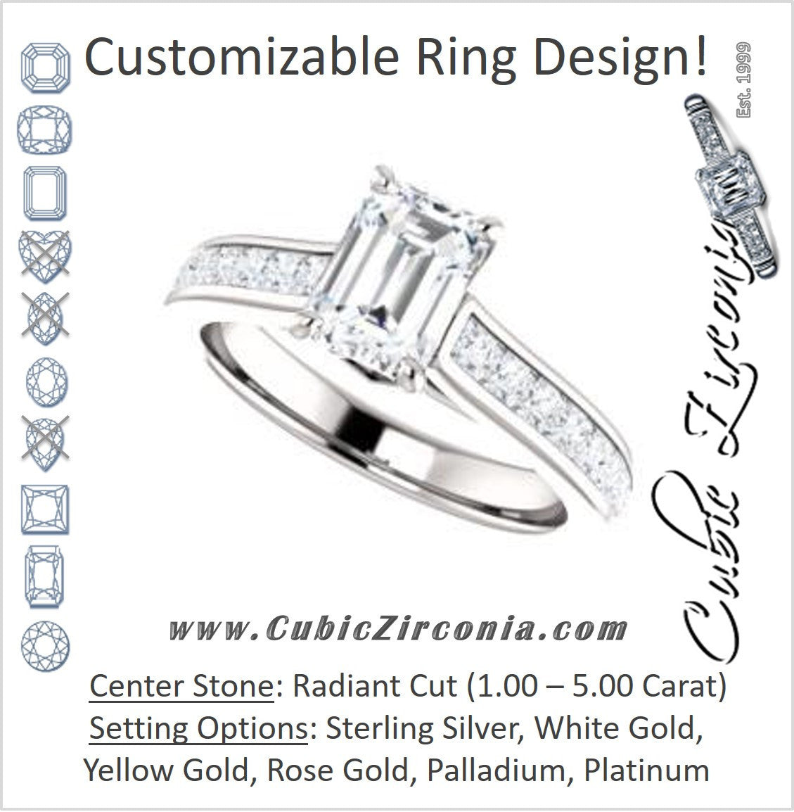 Cubic Zirconia Engagement Ring- The Rhea (Customizable Cathedral-raised Radiant Cut Design with Princess Channel Band and Kite-set Princess Peekaboo Accents)