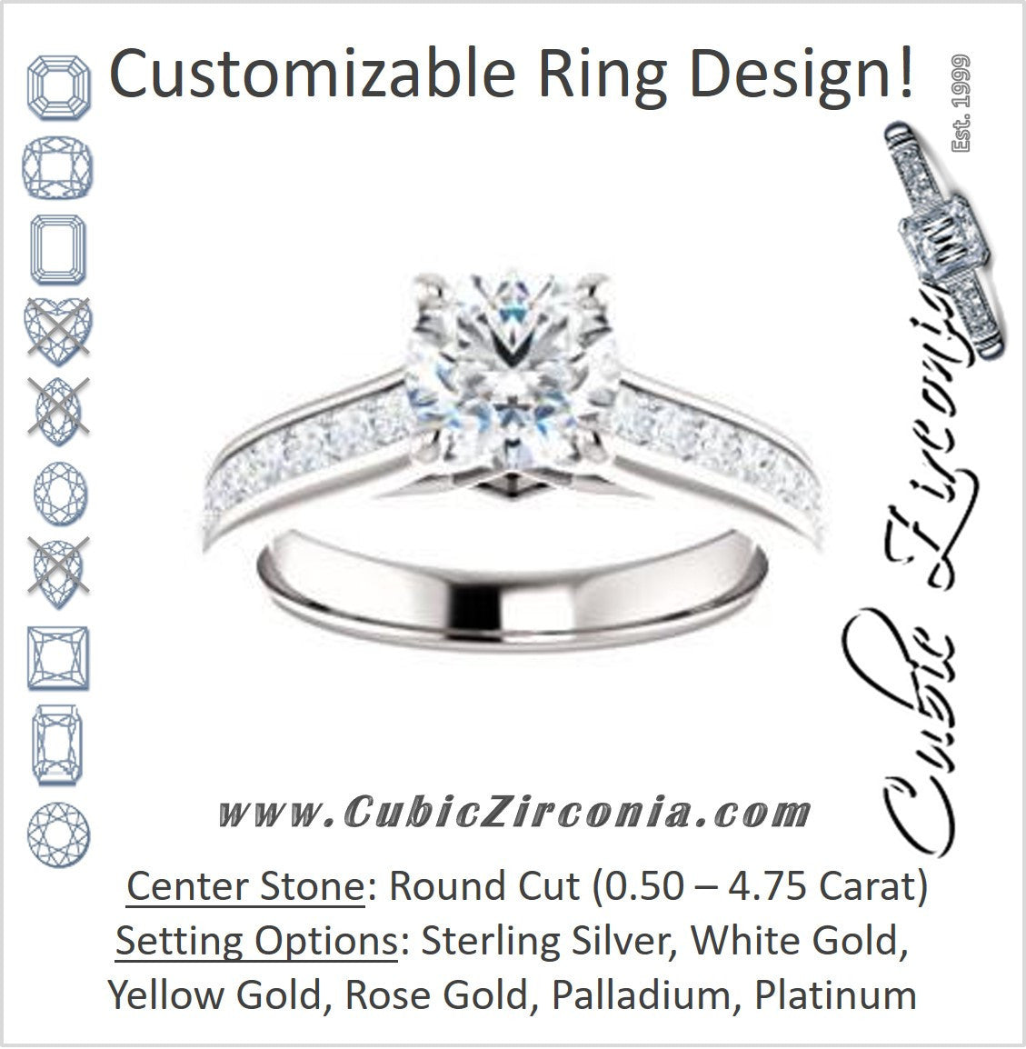 Cubic Zirconia Engagement Ring- The Rhea (Customizable Cathedral-raised Round Cut Design with Princess Channel Band and Kite-set Princess Peekaboo Accents)