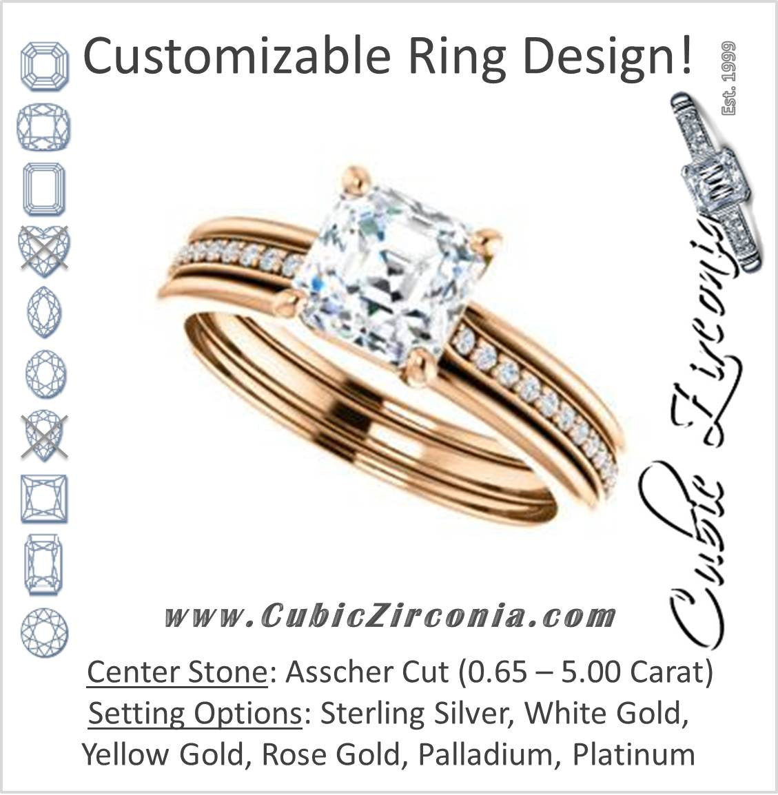 Cubic Zirconia Engagement Ring- The Rikki (Customizable Asscher Cut Design with Double-Grooved Pavé Band)