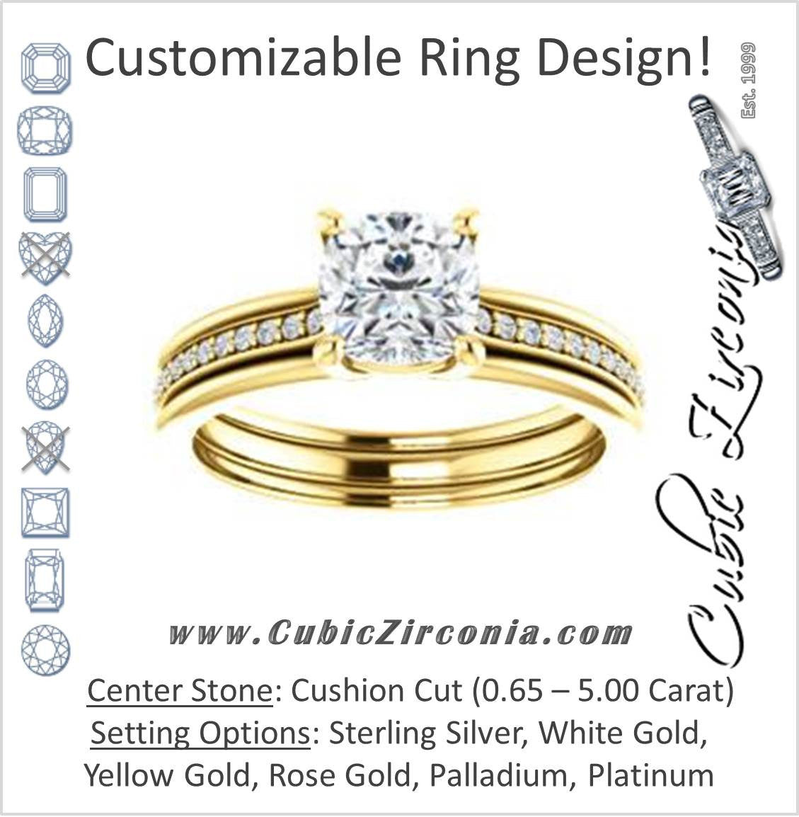 Cubic Zirconia Engagement Ring- The Rikki (Customizable Cushion Cut Design with Double-Grooved Pavé Band)