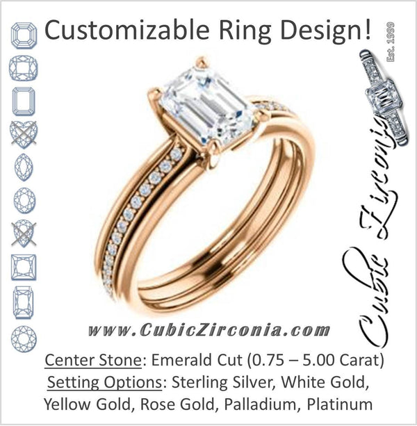 Cubic Zirconia Engagement Ring- The Rikki (Customizable Emerald Cut Design with Double-Grooved Pavé Band)