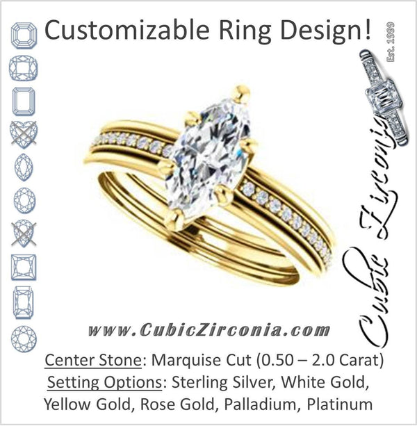 Cubic Zirconia Engagement Ring- The Rikki (Customizable Marquise Cut Design with Double-Grooved Pavé Band)