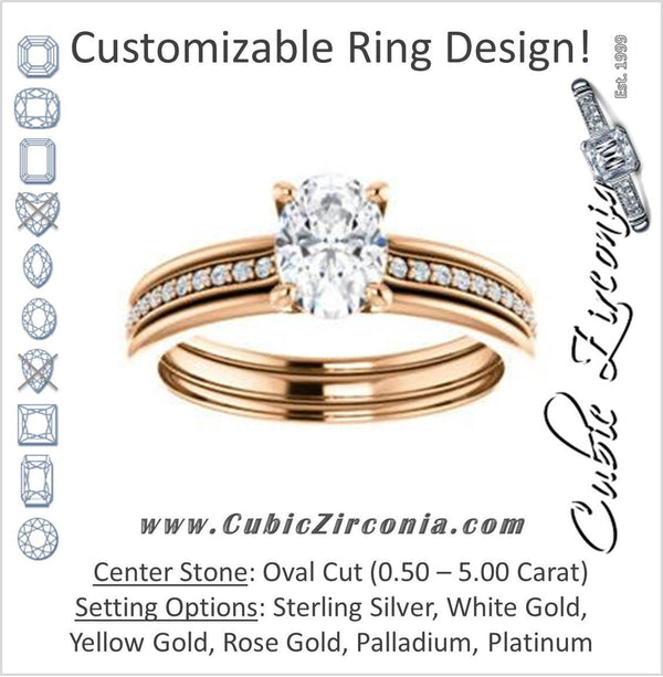 Cubic Zirconia Engagement Ring- The Rikki (Customizable Oval Cut Design with Double-Grooved Pavé Band)