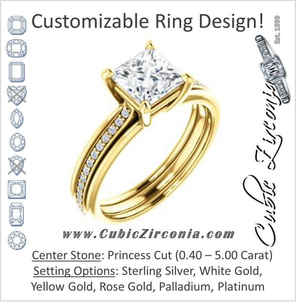 Cubic Zirconia Engagement Ring- The Rikki (Customizable Princess Cut Design with Double-Grooved Pavé Band)