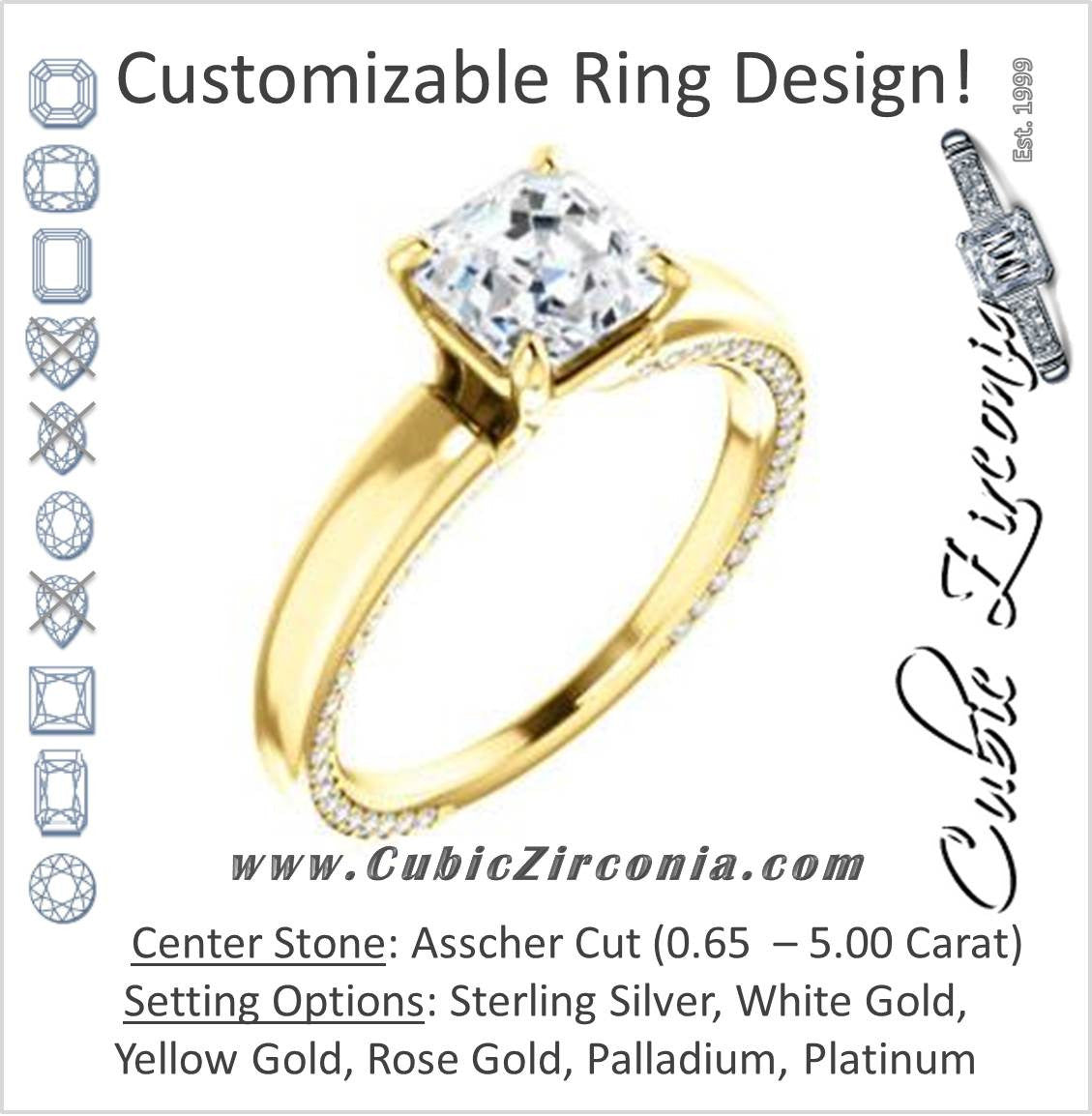 Cubic Zirconia Engagement Ring- The Rosalina (Customizable Asscher Cut with Three-sided Pavé Band)