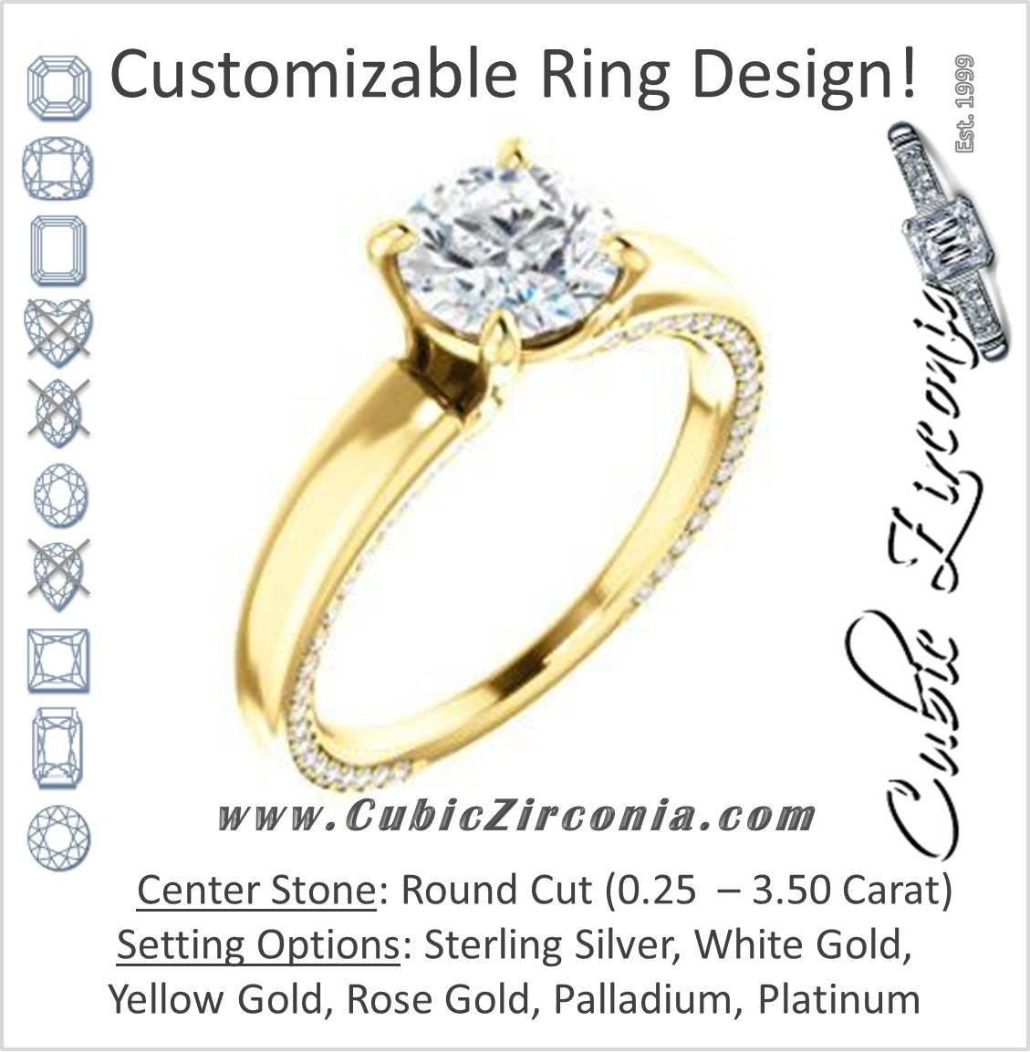 Cubic Zirconia Engagement Ring- The Rosalina (Customizable Round Cut with Three-sided Pavé Band)