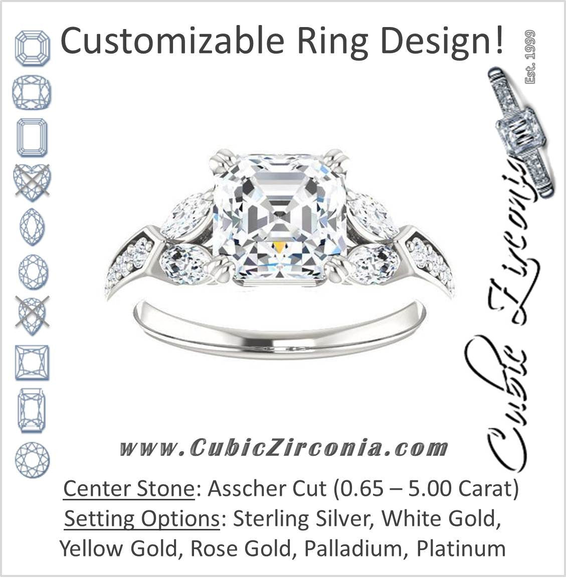 Cubic Zirconia Engagement Ring- The Rosalyn (Customizable Asscher Cut with Marquise Accent Butterflies and Round Channel)