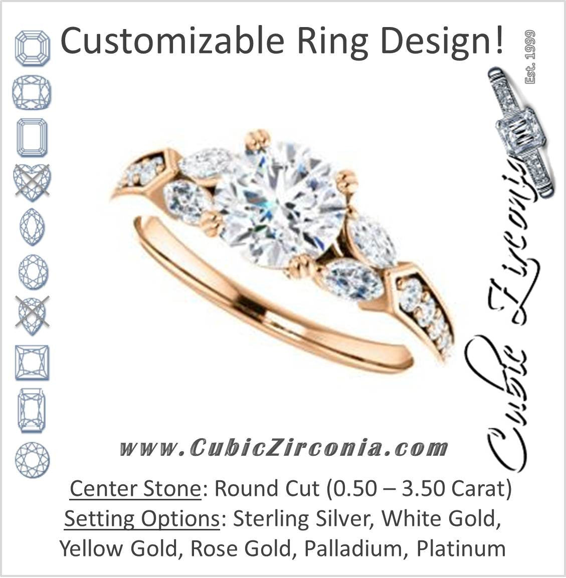 Cubic Zirconia Engagement Ring- The Rosalyn (Customizable Round Cut with Marquise Accent Butterflies and Round Channel)