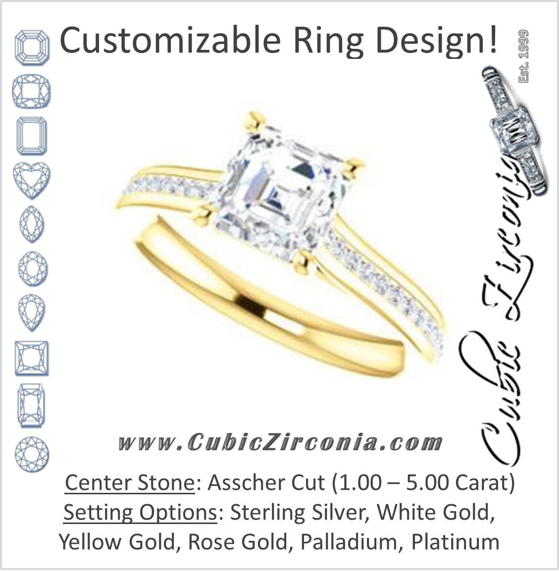 Cubic Zirconia Engagement Ring- The Rosario (Customizable Asscher Cut Cathedral Setting with 3/4 Pavé Band)
