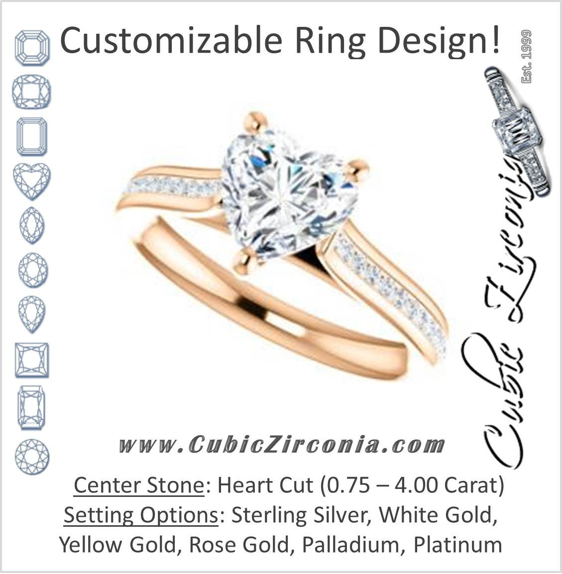 Cubic Zirconia Engagement Ring- The Rosario (Customizable Heart Cut Cathedral Setting with 3/4 Pavé Band)