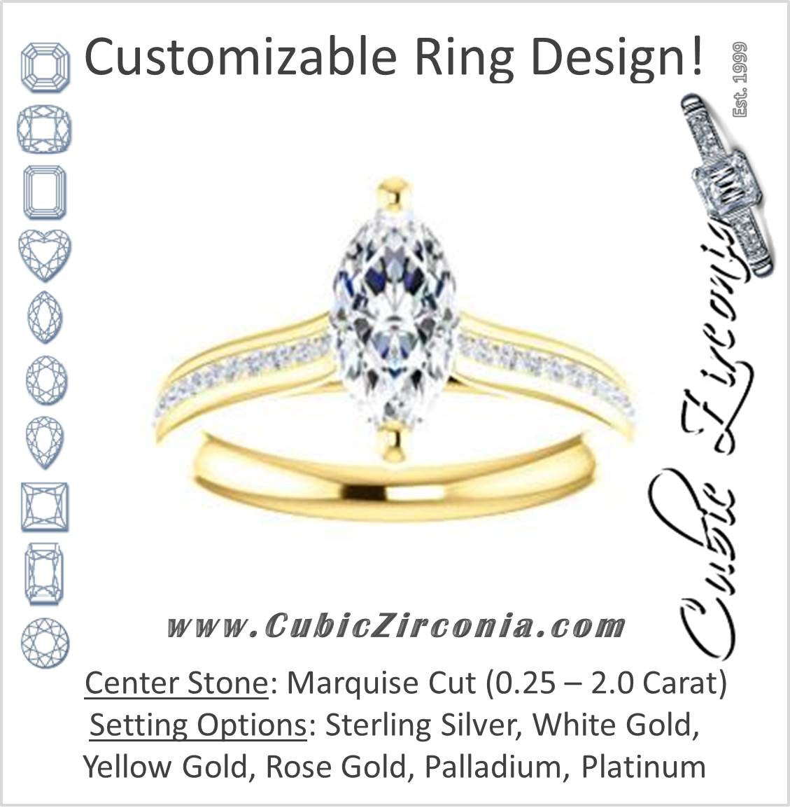 Cubic Zirconia Engagement Ring- The Rosario (Customizable Marquise Cut Cathedral Setting with 3/4 Pavé Band)