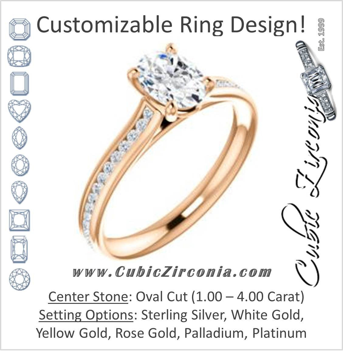 Cubic Zirconia Engagement Ring- The Rosario (Customizable Oval Cut Cathedral Setting with 3/4 Pavé Band)