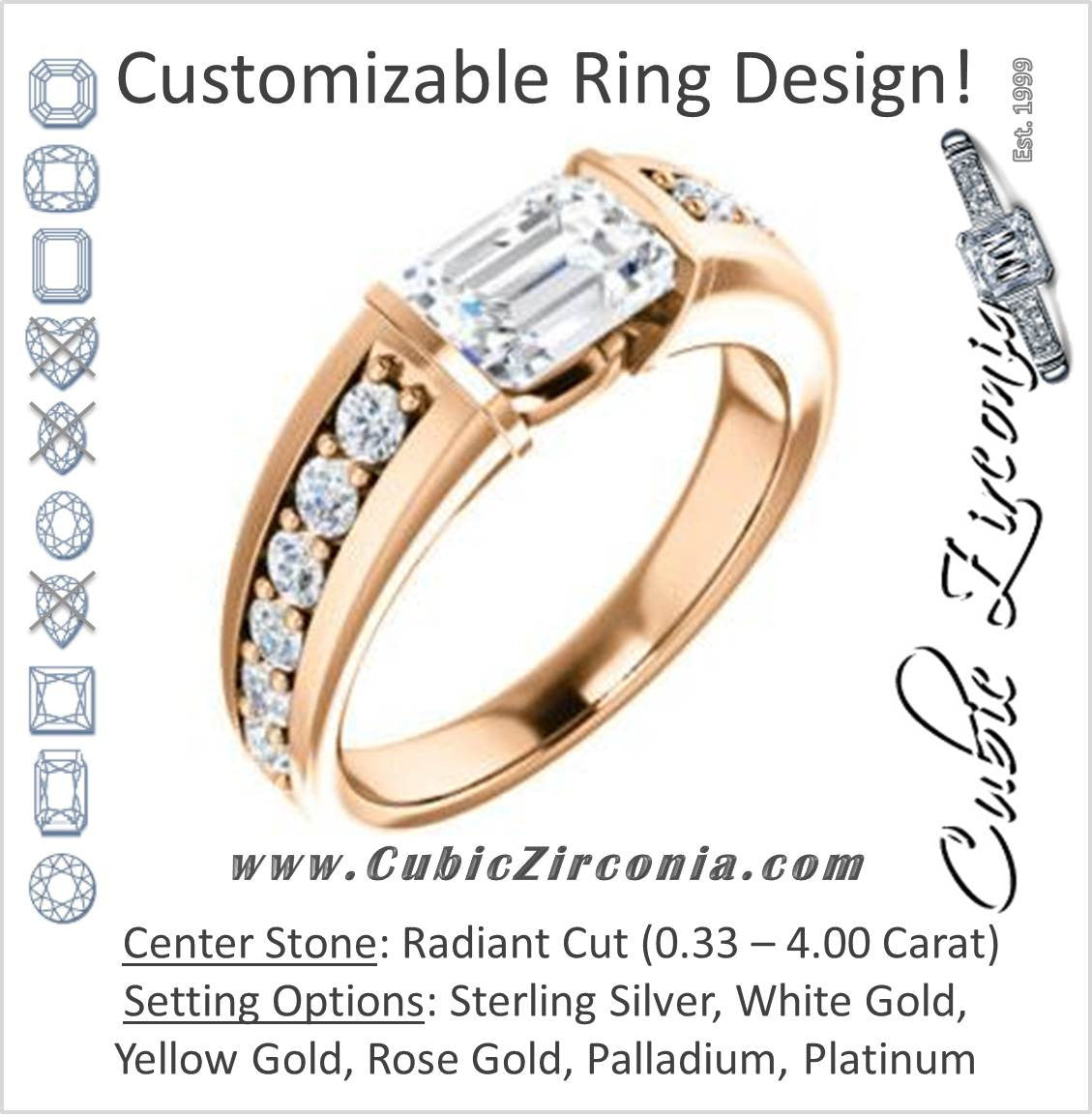 Cubic Zirconia Engagement Ring- The Rosemary (Customizable Radiant Cut Tension Bar Set with Wide Channel/Prong Band)