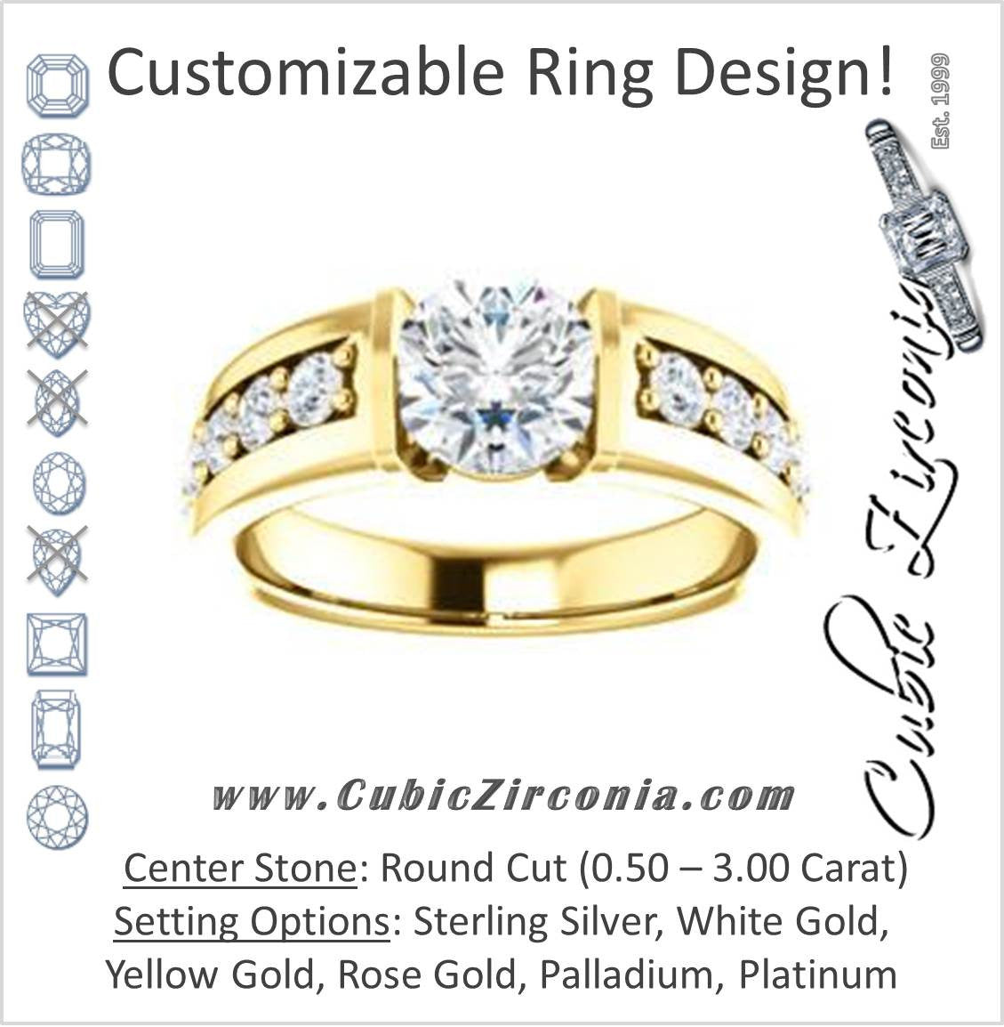 Cubic Zirconia Engagement Ring- The Rosemary (Customizable Round Cut Tension Bar Set with Wide Channel/Prong Band)
