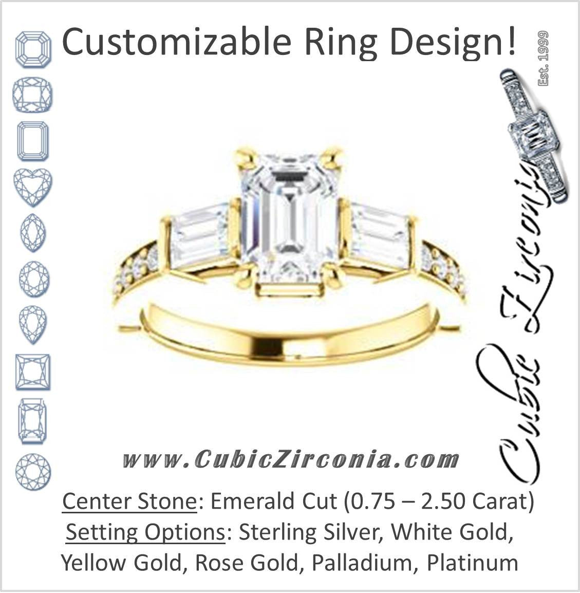 Cubic Zirconia Engagement Ring- The Rosetta (Customizable Emerald Cut Enhanced 5-stone Design with Pavé Band)