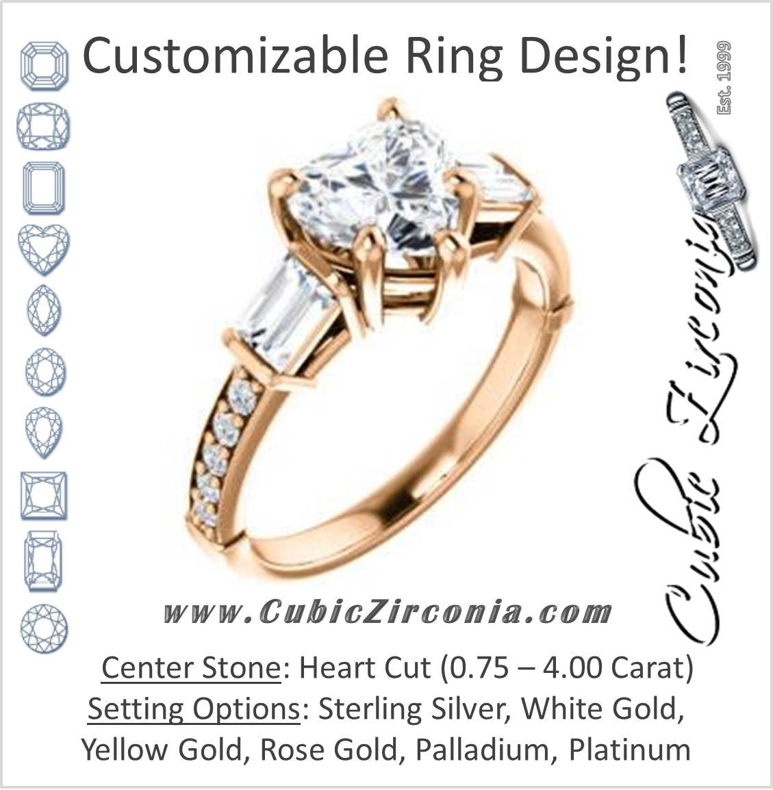 Cubic Zirconia Engagement Ring- The Rosetta (Customizable Heart Cut Enhanced 5-stone Design with Pavé Band)