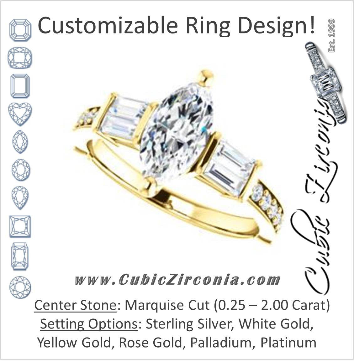 Cubic Zirconia Engagement Ring- The Rosetta (Customizable Marquise Cut Enhanced 5-stone Design with Pavé Band)