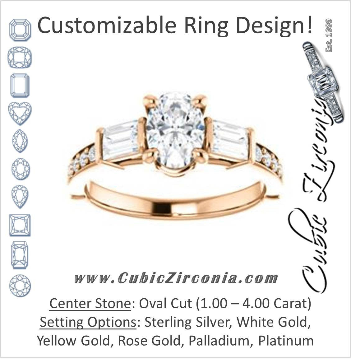 Cubic Zirconia Engagement Ring- The Rosetta (Customizable Oval Cut Enhanced 5-stone Design with Pavé Band)