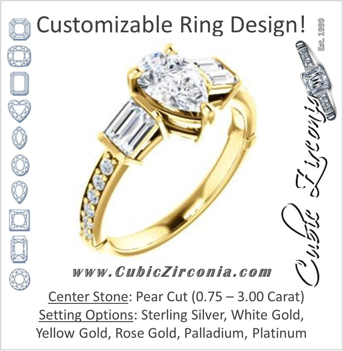 Cubic Zirconia Engagement Ring- The Rosetta (Customizable Pear Cut Enhanced 5-stone Design with Pavé Band)