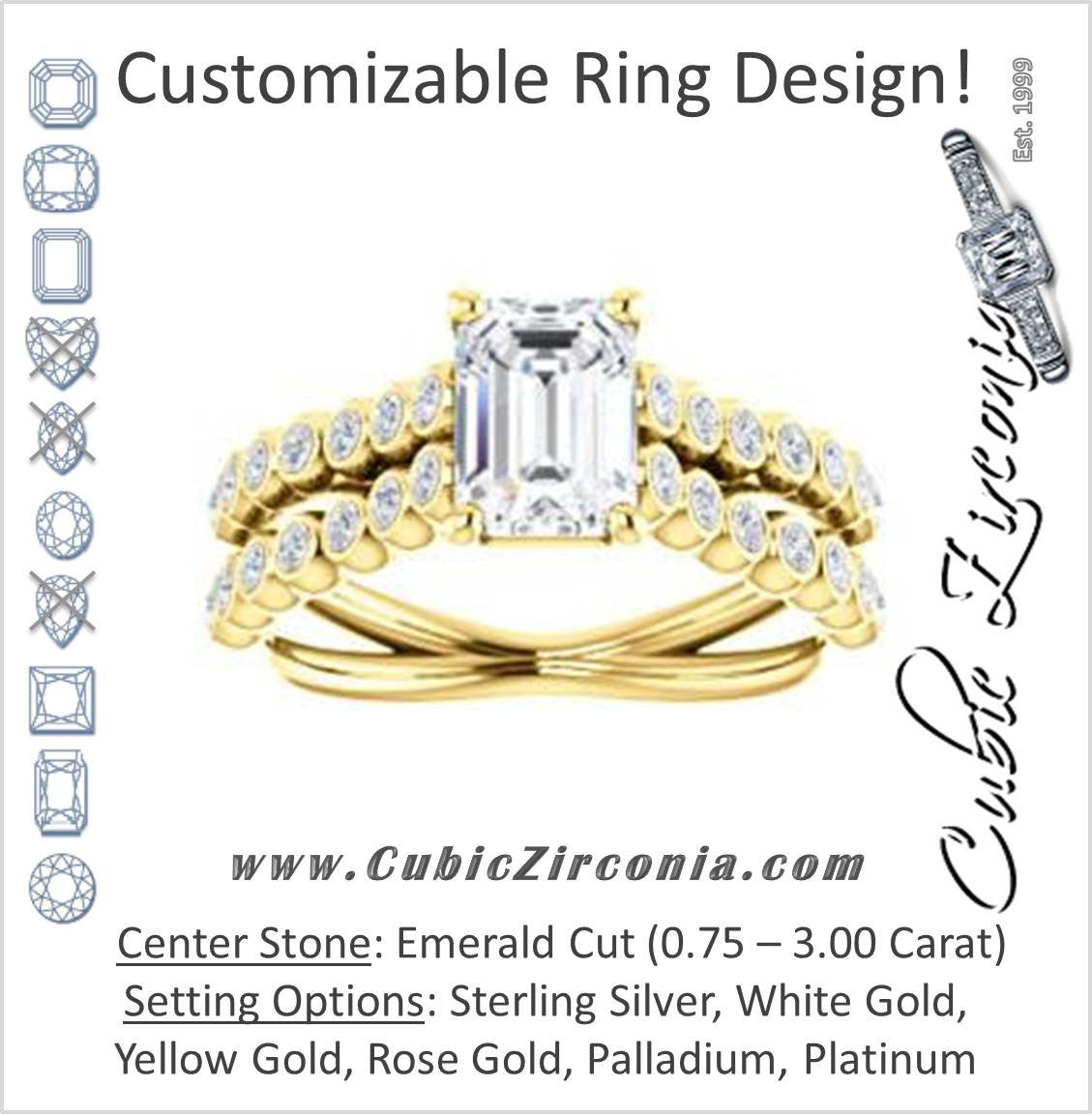 Cubic Zirconia Engagement Ring- The Roxana (Customizable Emerald Cut Design with Beaded-Bezel Round Accents on Wide Split Band)