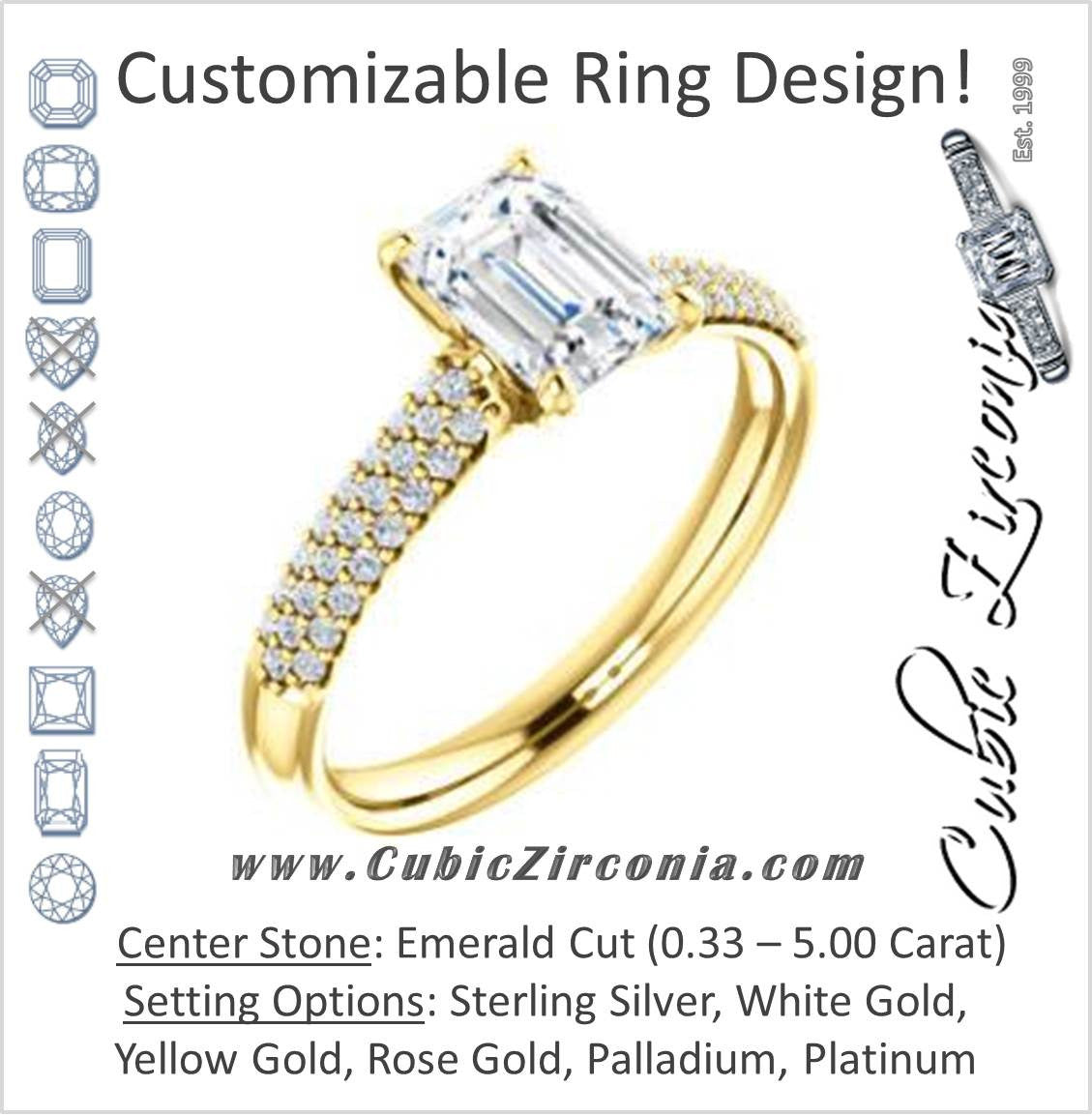Cubic Zirconia Engagement Ring- The Roxy Edith (Customizable Emerald Cut Center with Stackable Triple Pavé Band)