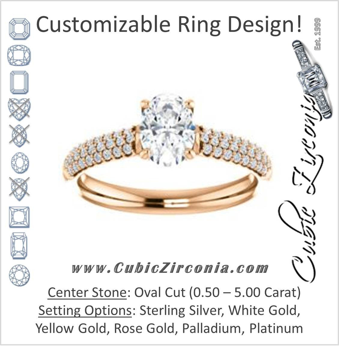 Cubic Zirconia Engagement Ring- The Roxy Edith (Customizable Oval Cut Center with Stackable Triple Pavé Band)