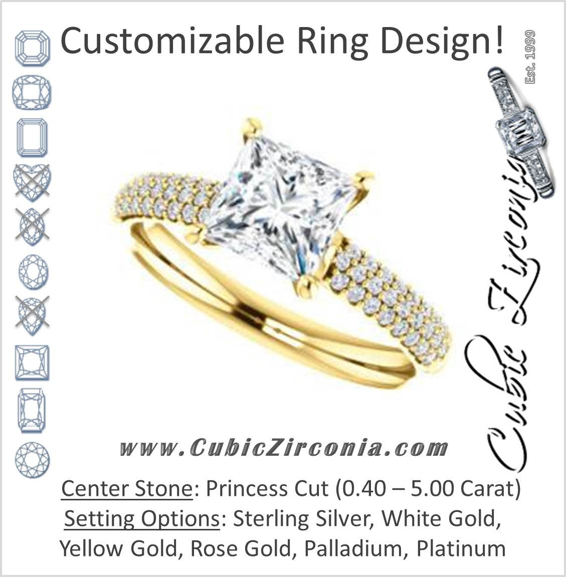 Cubic Zirconia Engagement Ring- The Roxy Edith (Customizable Princess Cut Center with Stackable Triple Pavé Band)