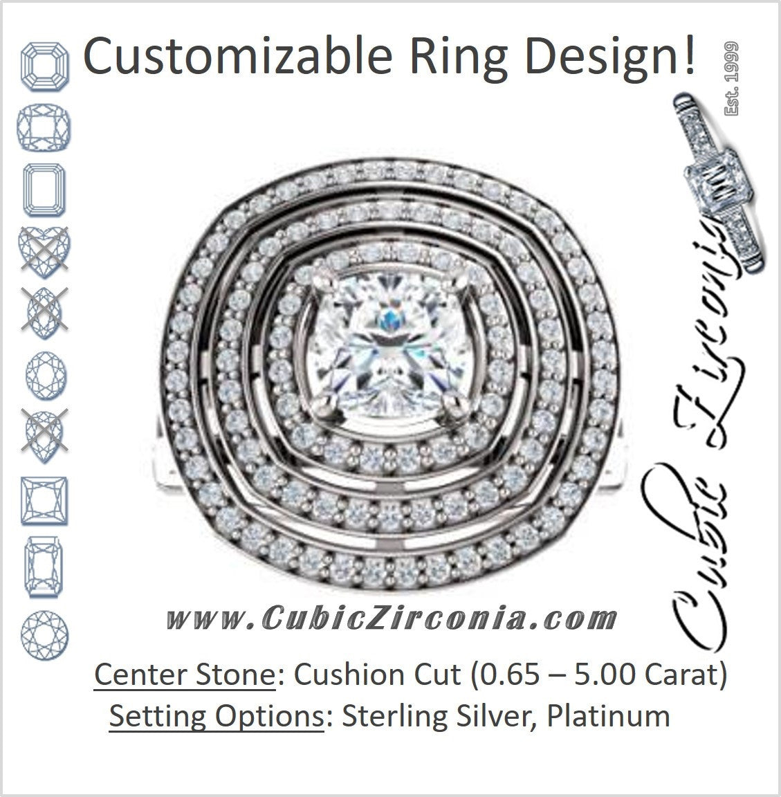 Cubic Zirconia Engagement Ring- The Roza (Customizable Triple-Halo Cushion Cut Design with Split Band and Knuckle Accents)