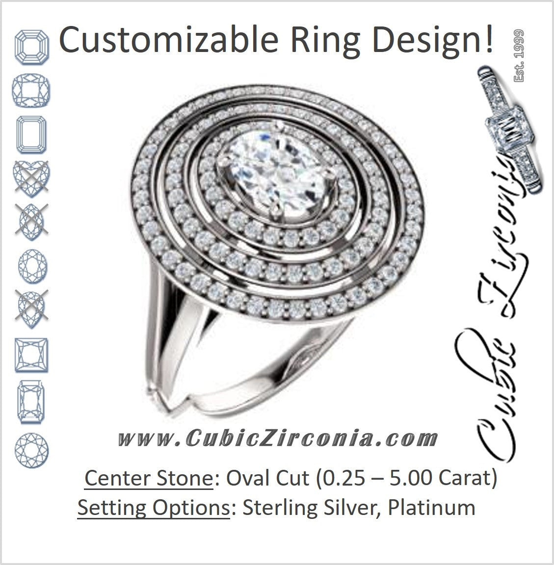 Cubic Zirconia Engagement Ring- The Roza (Customizable Triple-Halo Oval Cut Design with Split Band and Knuckle Accents)