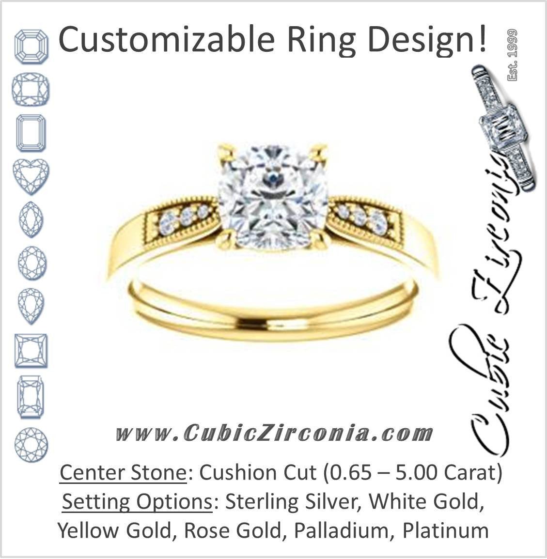 Cubic Zirconia Engagement Ring- The Ruth (Customizable 7-stone Cushion Cut Style with Vintage Filigree)