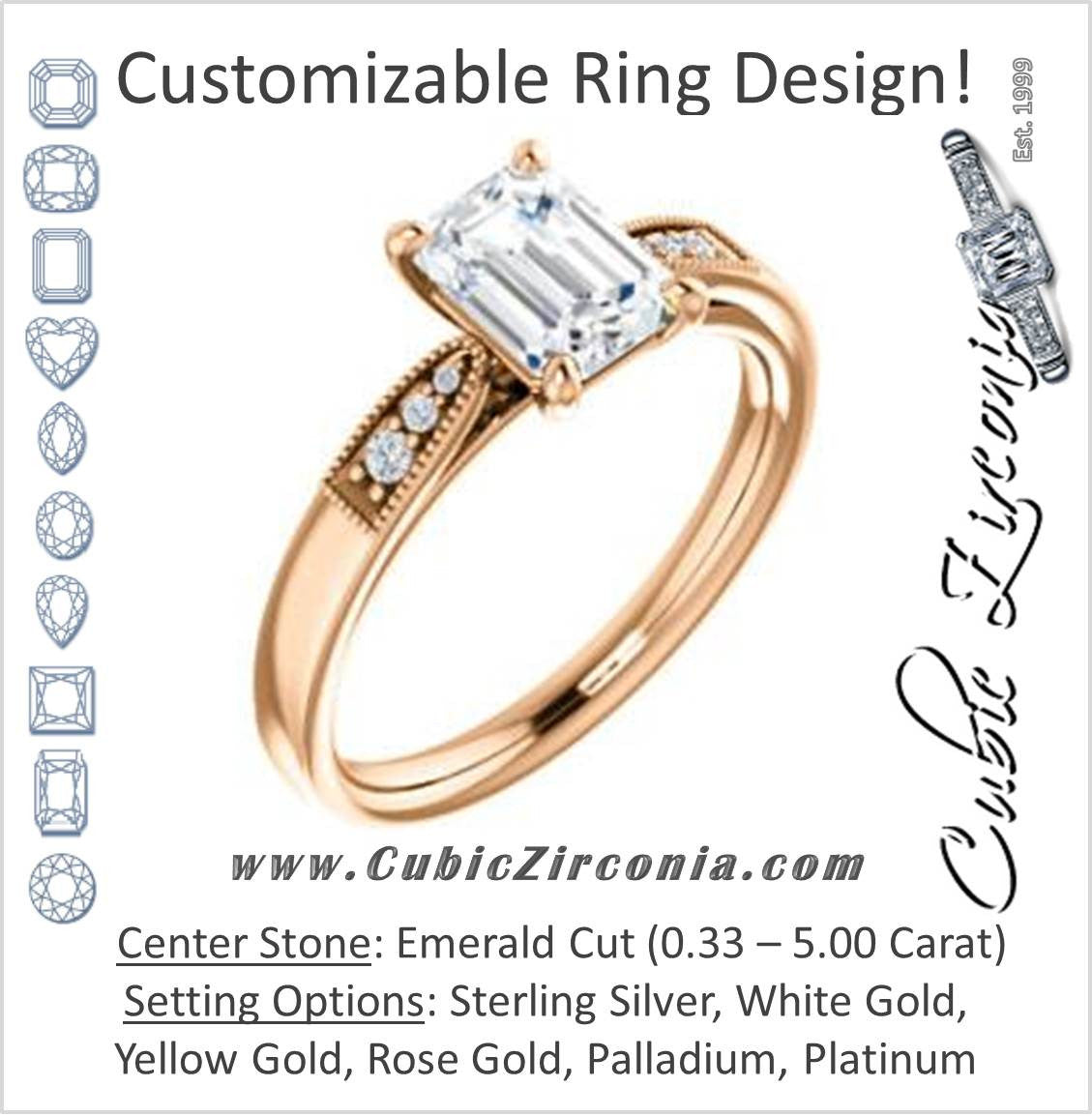 Cubic Zirconia Engagement Ring- The Ruth (Customizable 7-stone Emerald Cut Style with Vintage Filigree)