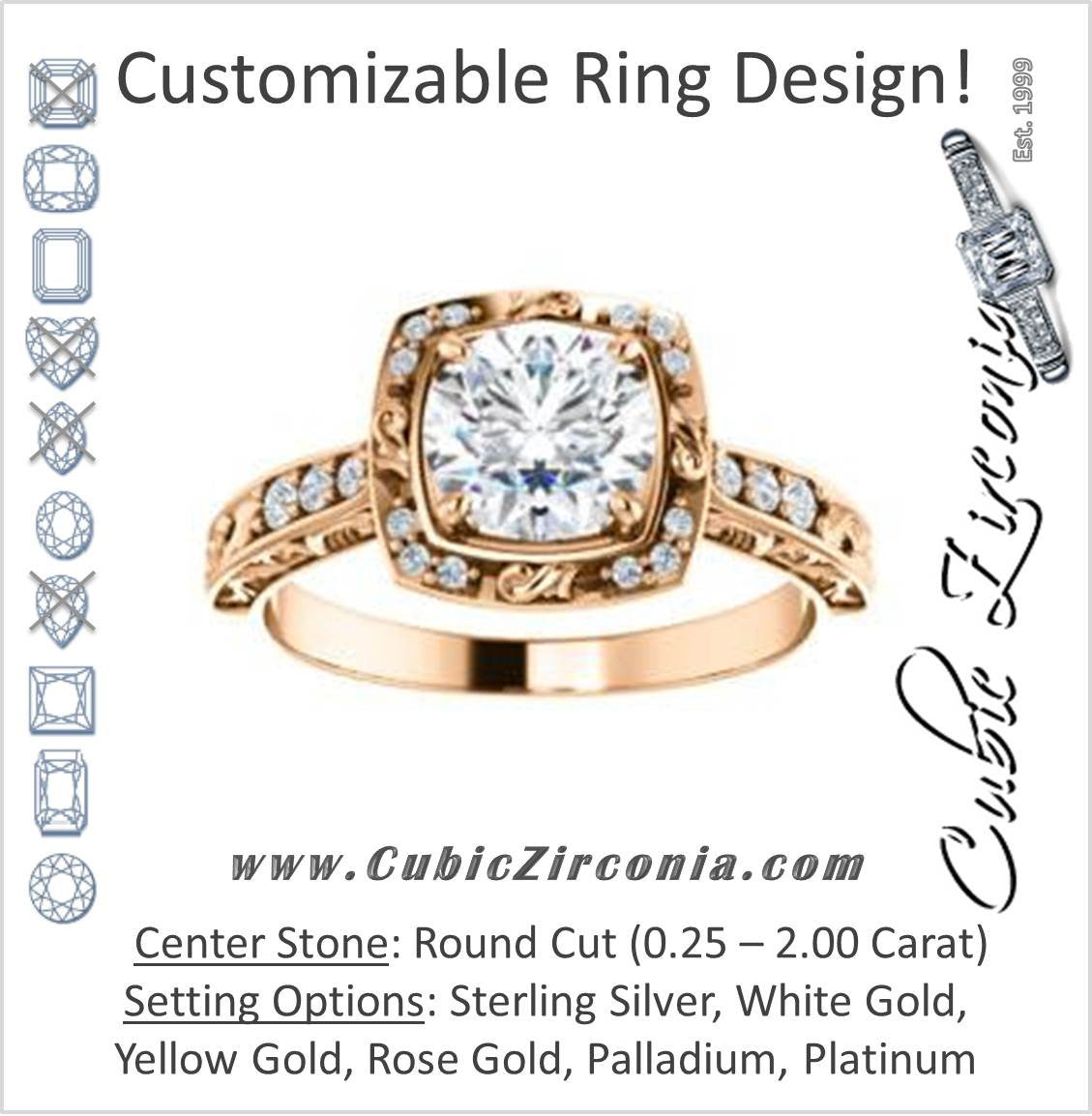Cubic Zirconia Engagement Ring- The Sabrina (Customizable Round Cut Design with Flourished Semi-Halo, Band Accents and 3-sided Filigree)