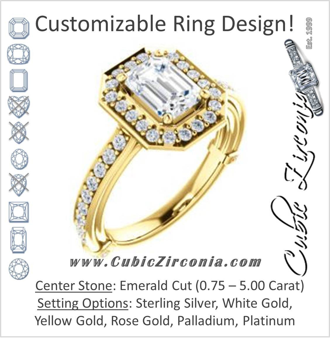 Cubic Zirconia Engagement Ring- The Sally (Customizable Halo-Emerald Cut Design with Round Side Knuckle and Pavé Band Accents)